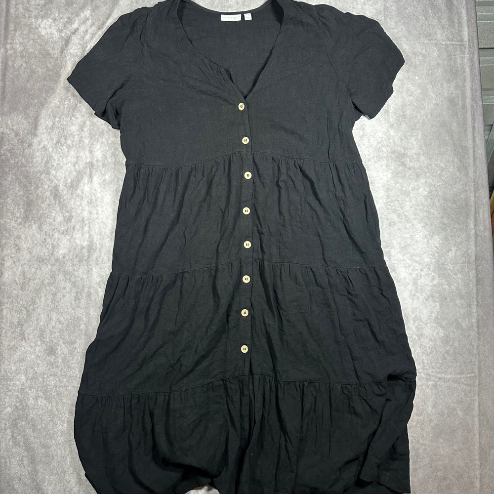 Susan Graver Pure Black Tiered Button Front Midi Dress Womens XXL Boho Chic